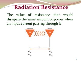 17
Radiation Resistance
The value of resistance that would
dissipate the same amount of power when
an input current passing through it
 