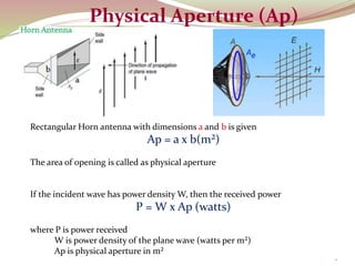 25
Rectangular Horn antenna with dimensions a and b is given
Ap = a x b(m²)
The area of opening is called as physical aperture
If the incident wave has power density W, then the received power
P = W x Ap (watts)
where P is power received
W is power density of the plane wave (watts per m²)
Ap is physical aperture in m²
Physical Aperture (Ap)
 