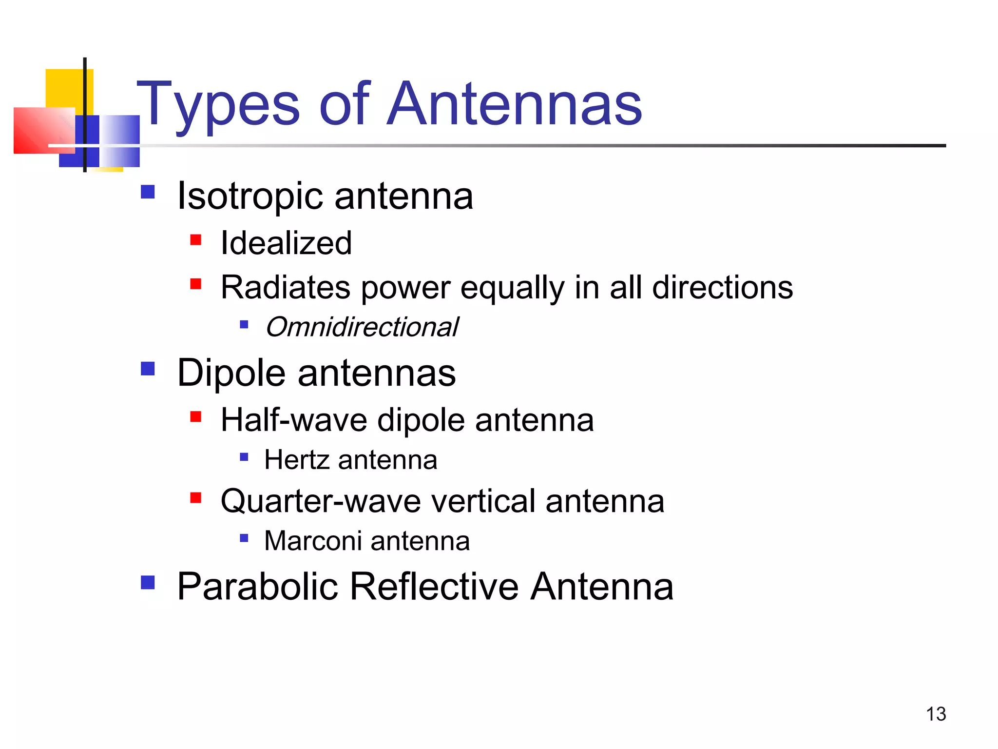 13
Types of Antennas
 Isotropic antenna
 Idealized
 Radiates power equally in all directions

Omnidirectional
 Dipole antennas
 Half-wave dipole antenna

Hertz antenna
 Quarter-wave vertical antenna

Marconi antenna
 Parabolic Reflective Antenna
 