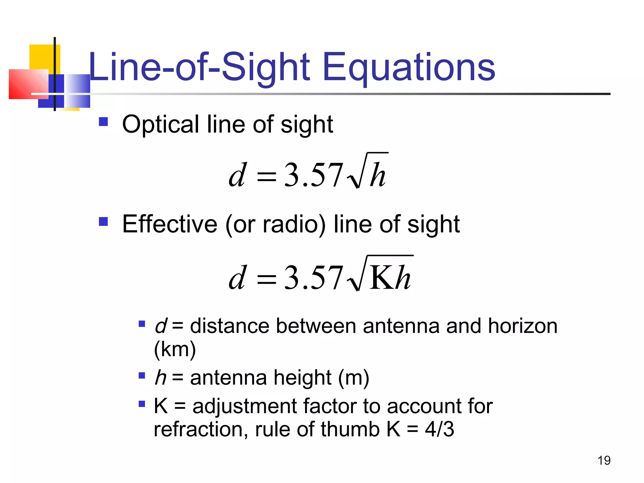19
Line-of-Sight Equations
 Optical line of sight
 Effective (or radio) line of sight

d = distance between antenna and horizon
(km)

h = antenna height (m)

K = adjustment factor to account for
refraction, rule of thumb K = 4/3
hd 57.3=
hd Κ= 57.3
 