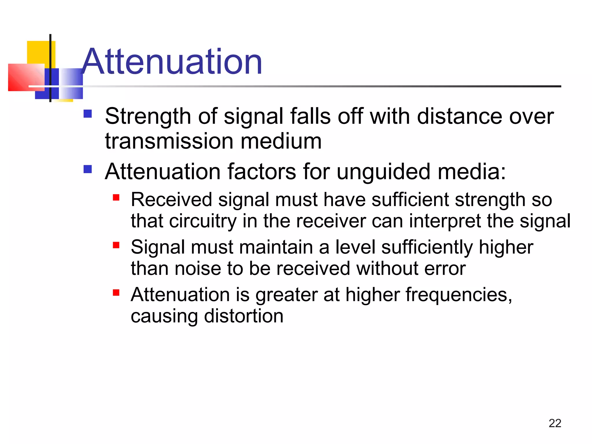 22
Attenuation
 Strength of signal falls off with distance over
transmission medium
 Attenuation factors for unguided media:
 Received signal must have sufficient strength so
that circuitry in the receiver can interpret the signal
 Signal must maintain a level sufficiently higher
than noise to be received without error
 Attenuation is greater at higher frequencies,
causing distortion
 