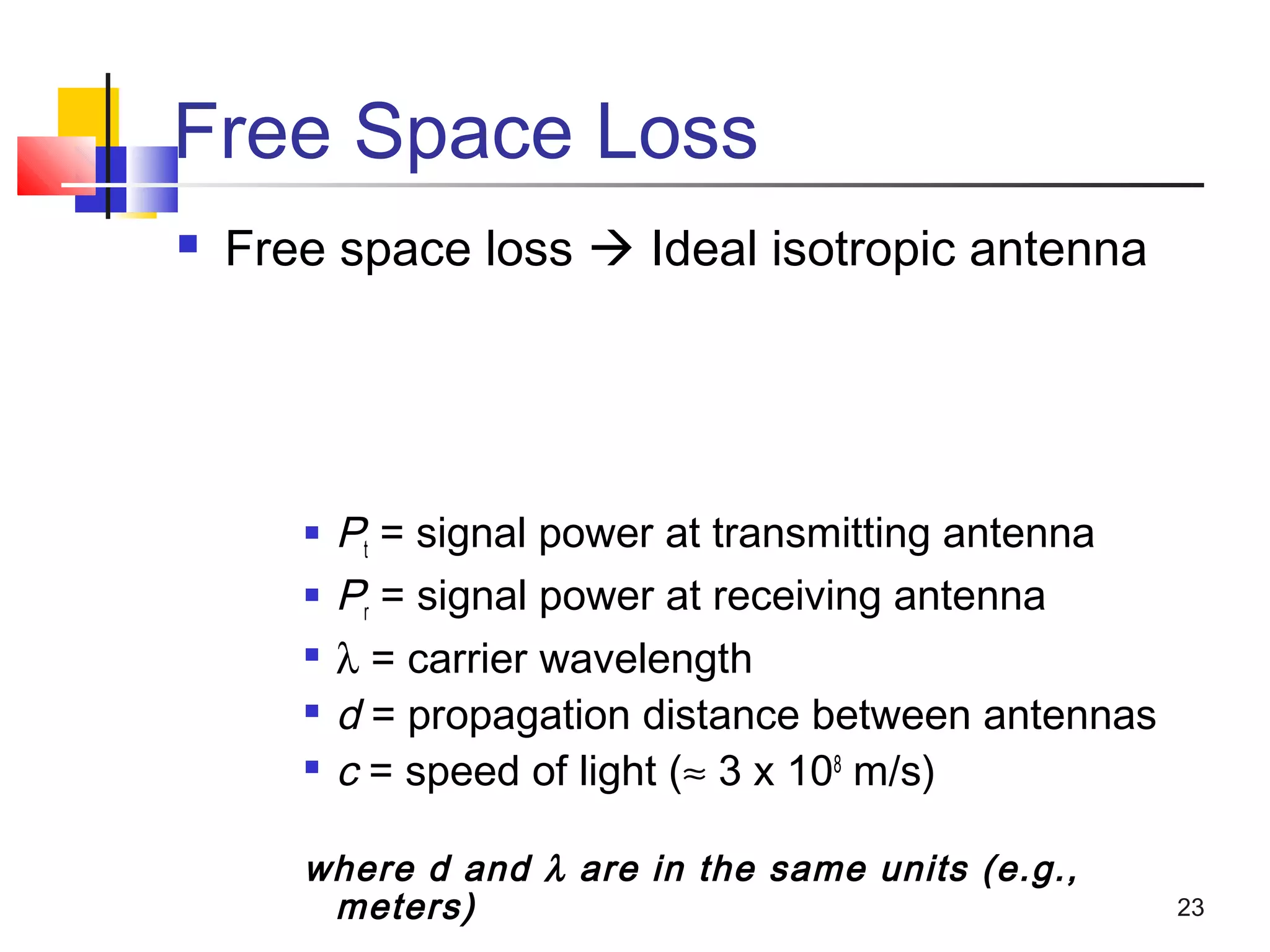 23
Free Space Loss
 Free space loss  Ideal isotropic antenna
 Pt = signal power at transmitting antenna
 Pr = signal power at receiving antenna

λ = carrier wavelength

d = propagation distance between antennas

c = speed of light (≈ 3 x 108
m/s)
where d and λ are in the same units (e.g.,
meters)
 
