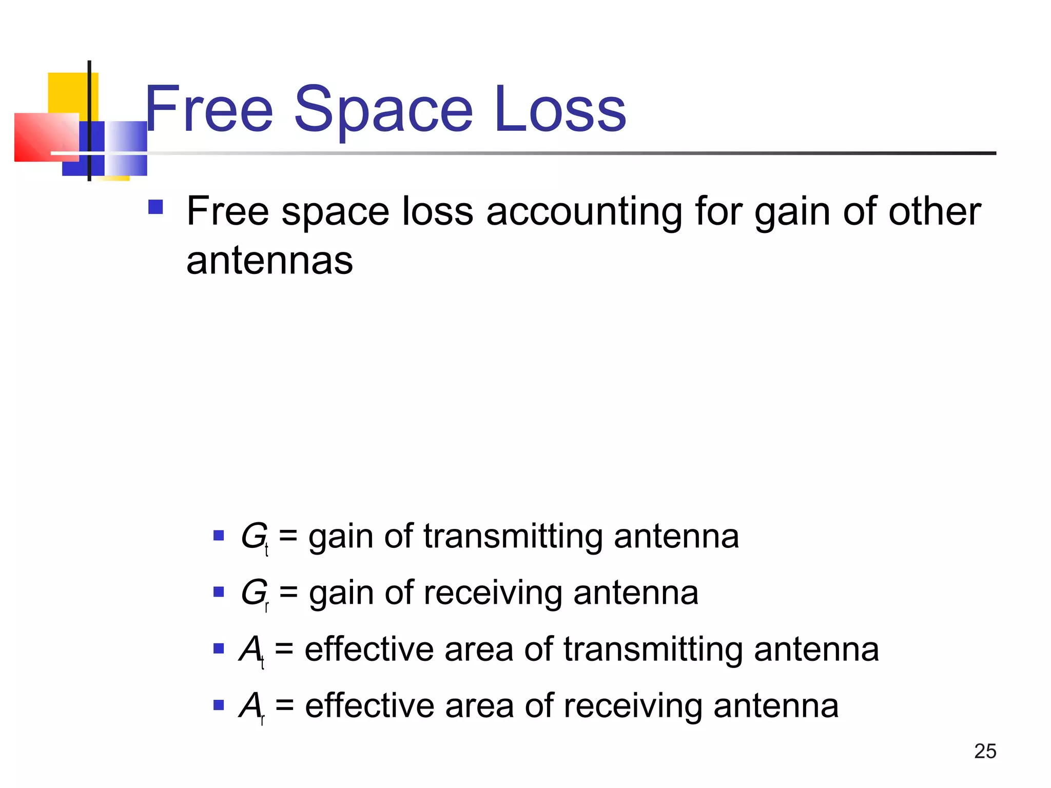 25
Free Space Loss
 Free space loss accounting for gain of other
antennas
 Gt = gain of transmitting antenna
 Gr = gain of receiving antenna
 At = effective area of transmitting antenna
 Ar = effective area of receiving antenna
 