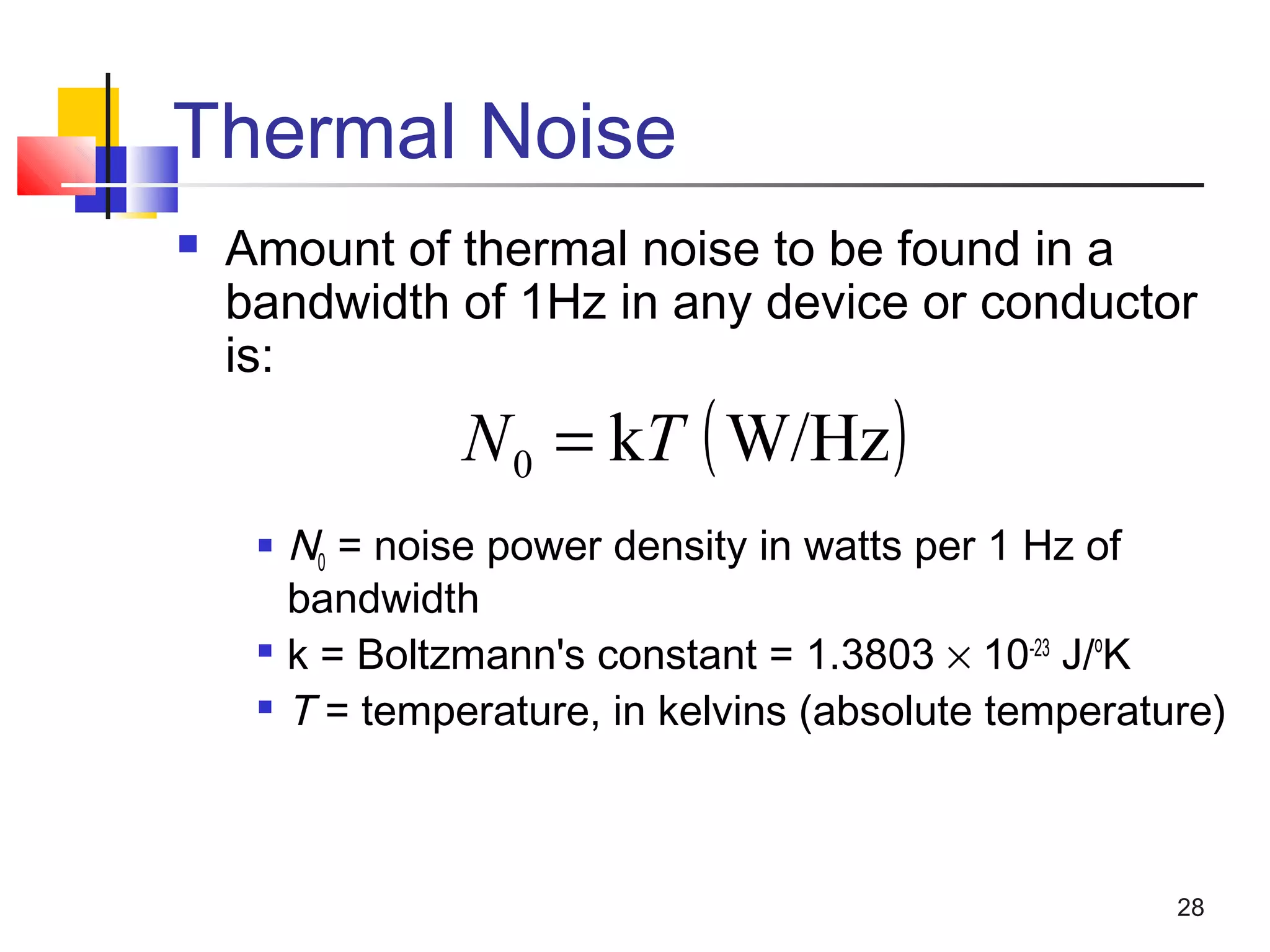 28
Thermal Noise
 Amount of thermal noise to be found in a
bandwidth of 1Hz in any device or conductor
is:
 N0 = noise power density in watts per 1 Hz of
bandwidth

k = Boltzmann's constant = 1.3803 × 10-23
J/o
K

T = temperature, in kelvins (absolute temperature)
( )W/Hzk0 TN =
 