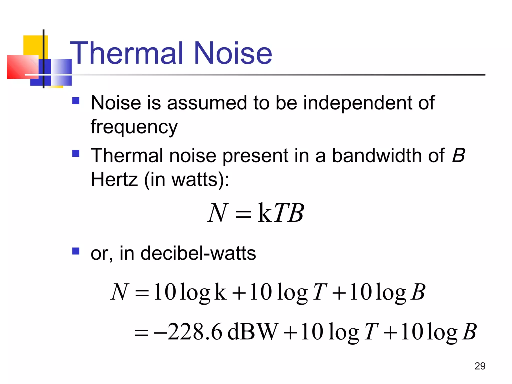 29
Thermal Noise
 Noise is assumed to be independent of
frequency
 Thermal noise present in a bandwidth of B
Hertz (in watts):
 or, in decibel-watts
TBN k=
BTN log10log10klog10 ++=
BT log10log10dBW6.228 ++−=
 