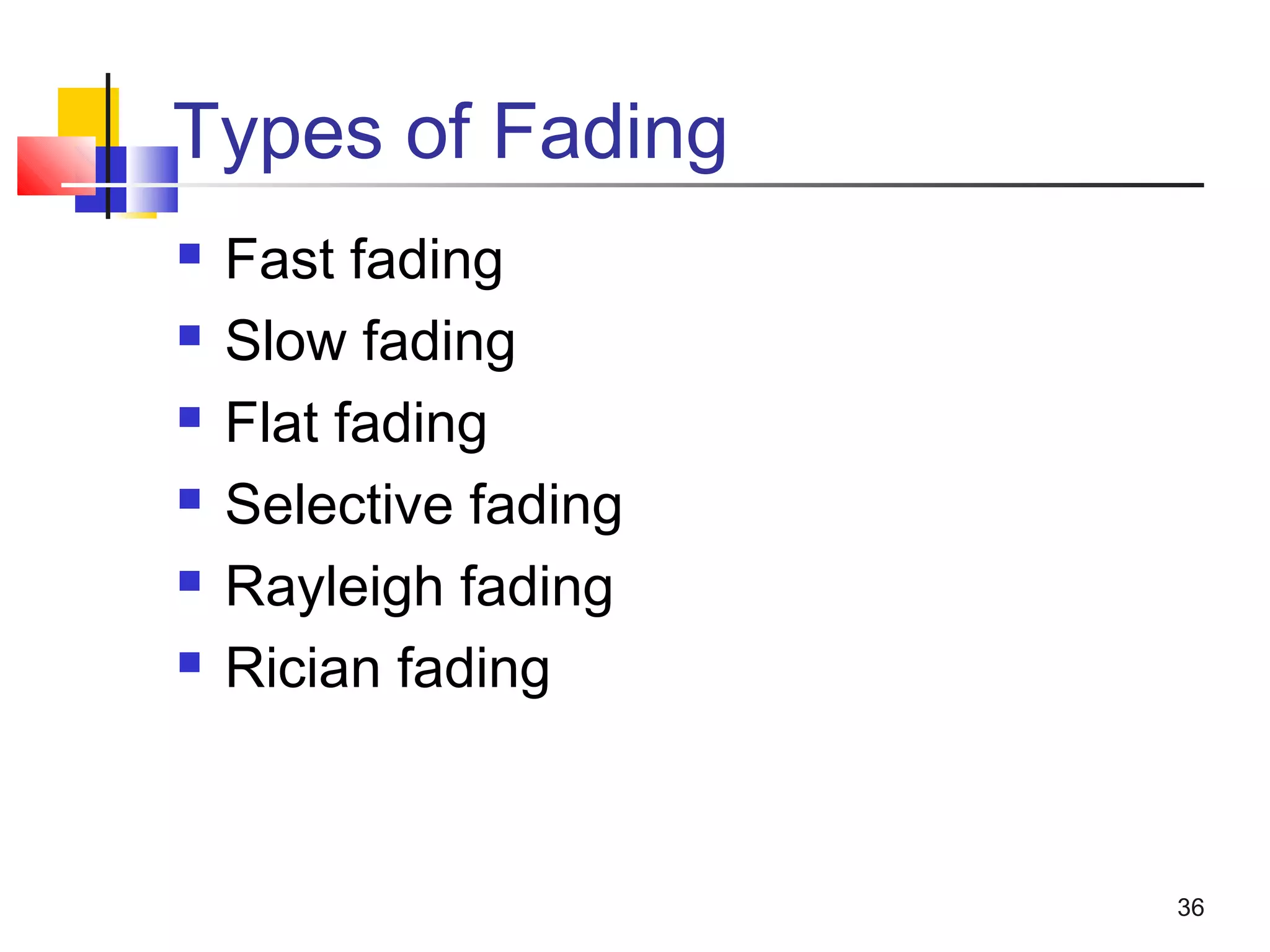 36
Types of Fading
 Fast fading
 Slow fading
 Flat fading
 Selective fading
 Rayleigh fading
 Rician fading
 