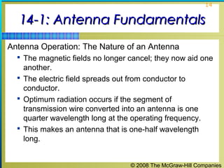 14


  14-1: Antenna Fundamentals
Antenna Operation: The Nature of an Antenna
   The magnetic fields no longer cancel; they now aid one
    another.
   The electric field spreads out from conductor to
    conductor.
   Optimum radiation occurs if the segment of
    transmission wire converted into an antenna is one
    quarter wavelength long at the operating frequency.
   This makes an antenna that is one-half wavelength
    long.


                                  © 2008 The McGraw-Hill Companies
 