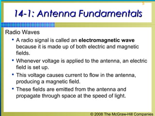 5


  14-1: Antenna Fundamentals
Radio Waves
   A radio signal is called an electromagnetic wave
    because it is made up of both electric and magnetic
    fields.
   Whenever voltage is applied to the antenna, an electric
    field is set up.
   This voltage causes current to flow in the antenna,
    producing a magnetic field.
   These fields are emitted from the antenna and
    propagate through space at the speed of light.


                                   © 2008 The McGraw-Hill Companies
 