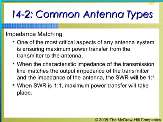 57


 14-2: Common Antenna Types
Impedance Matching
   One of the most critical aspects of any antenna system
    is ensuring maximum power transfer from the
    transmitter to the antenna.
   When the characteristic impedance of the transmission
    line matches the output impedance of the transmitter
    and the impedance of the antenna, the SWR will be 1:1.
   When SWR is 1:1, maximum power transfer will take
    place.



                                  © 2008 The McGraw-Hill Companies
 