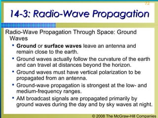 72


 14-3: Radio-Wave Propagation
Radio-Wave Propagation Through Space: Ground
 Waves
   Ground or surface waves leave an antenna and
      remain close to the earth.
     Ground waves actually follow the curvature of the earth
      and can travel at distances beyond the horizon.
     Ground waves must have vertical polarization to be
      propagated from an antenna.
     Ground-wave propagation is strongest at the low- and
      medium-frequency ranges.
     AM broadcast signals are propagated primarily by
      ground waves during the day and by sky waves at night.

                                    © 2008 The McGraw-Hill Companies
 