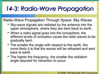 74


 14-3: Radio-Wave Propagation
Radio-Wave Propagation Through Space: Sky Waves
   Sky-wave signals are radiated by the antenna into the
    upper atmosphere, where they are bent back to earth.
   When a radio signal goes into the ionosphere, the
    different levels of ionization cause the radio waves to be
    gradually bent.
   The smaller the angle with respect to the earth, the
    more likely it is that the waves will be refracted and sent
    back to earth.
   The higher the frequency, the smaller the radiation
    angle required for refraction to occur.


                                    © 2008 The McGraw-Hill Companies
 