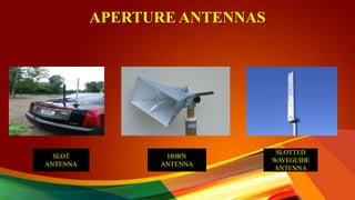 APERTURE ANTENNAS
SLOTTED
WAVEGUIDE
ANTENNA
SLOT
ANTENNA
HORN
ANTENNA
 