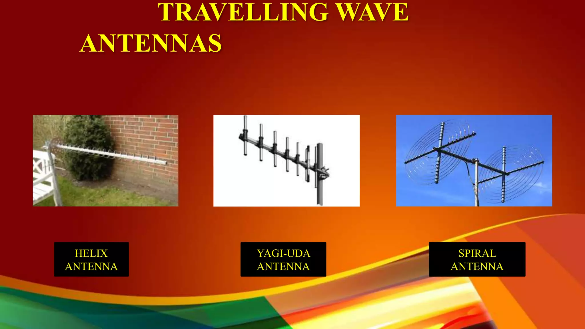 TRAVELLING WAVE
ANTENNAS
HELIX
ANTENNA
YAGI-UDA
ANTENNA
SPIRAL
ANTENNA
 