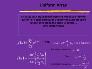 Uniform Array
An array with equispaced elements which are fed with
current of equal magnitude and having a progressive
phase-shift along the array is called …
UNIFORM ARRAY
( ) 
−
=

=
1
0
N
n
unj
euf with 

 cos2 1 kd
d
u +=+=
( )
( )
( )u
Nu
uf
2
1sin
2
1sin
=
Principle Maximum:
Zeros:
Secondary Maxima:
0=u
N
n
u 2=
N
m
u
12 +
= 
 