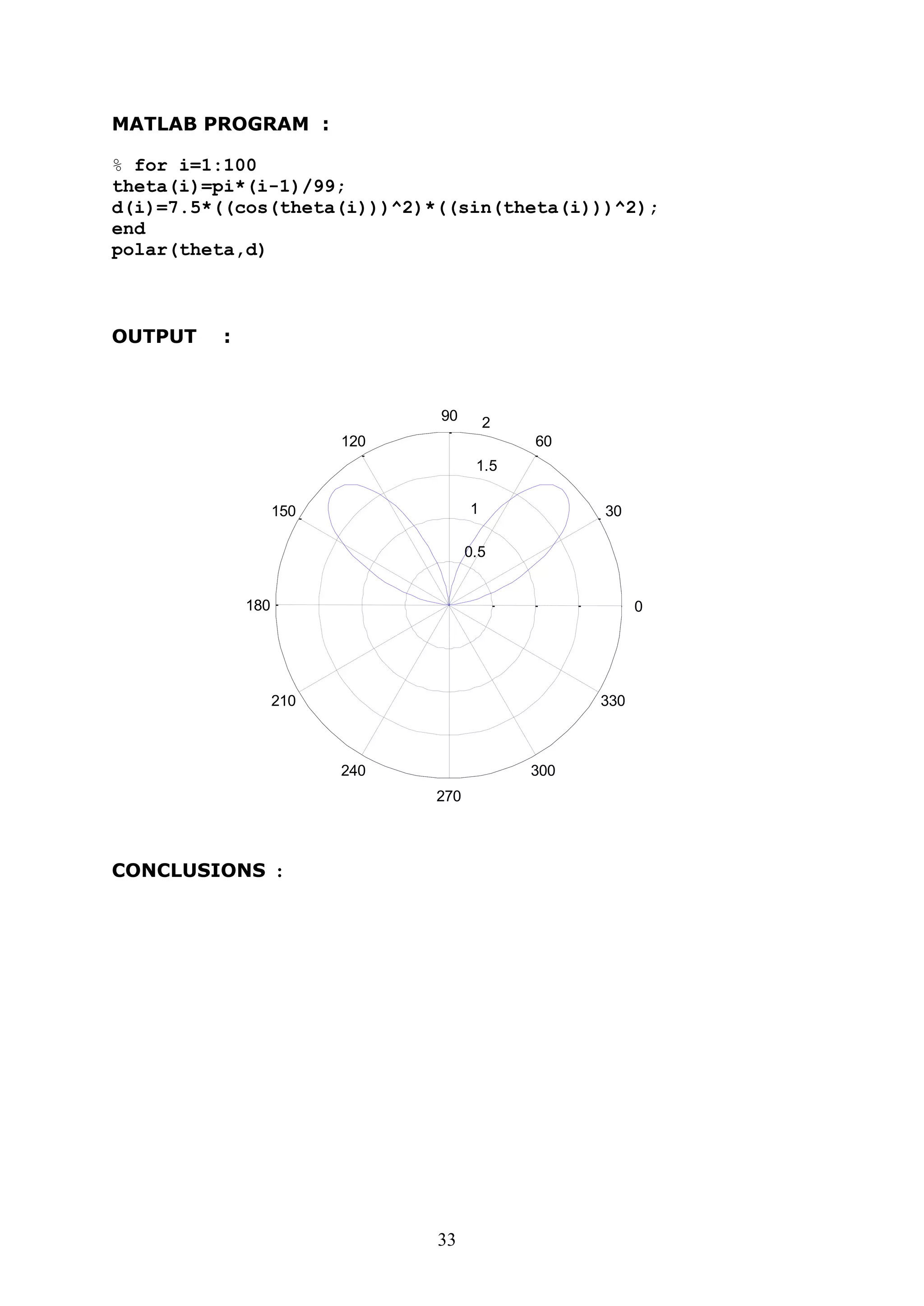 33
MATLAB PROGRAM :
% for i=1:100
theta(i)=pi*(i-1)/99;
d(i)=7.5*((cos(theta(i)))^2)*((sin(theta(i)))^2);
end
polar(theta,d)
OUTPUT :
0.5
1
1.5
2
30
210
60
240
90
270
120
300
150
330
180 0
CONCLUSIONS :
 