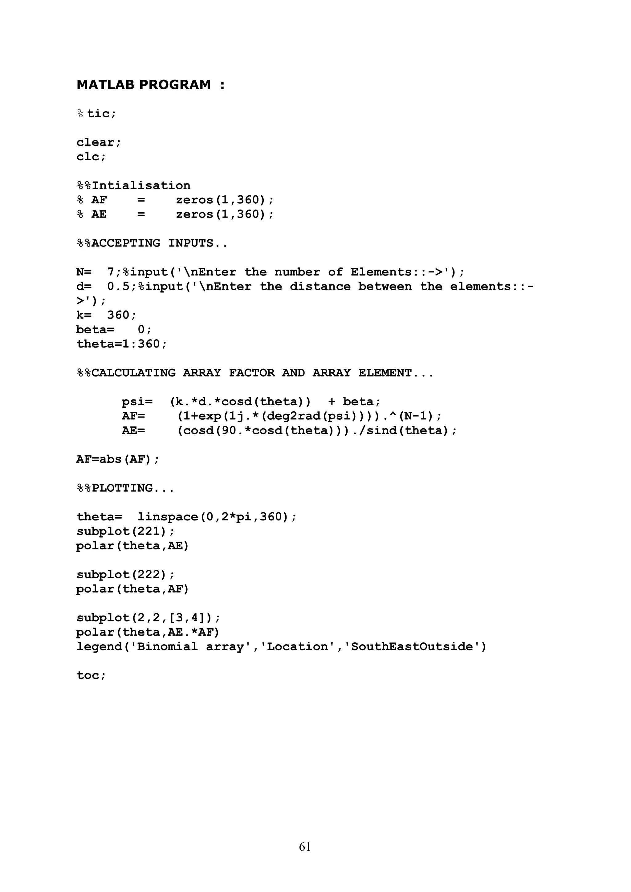 61
MATLAB PROGRAM :
% tic;
clear;
clc;
%%Intialisation
% AF = zeros(1,360);
% AE = zeros(1,360);
%%ACCEPTING INPUTS..
N= 7;%input('nEnter the number of Elements::->');
d= 0.5;%input('nEnter the distance between the elements::-
>');
k= 360;
beta= 0;
theta=1:360;
%%CALCULATING ARRAY FACTOR AND ARRAY ELEMENT...
psi= (k.*d.*cosd(theta)) + beta;
AF= (1+exp(1j.*(deg2rad(psi)))).^(N-1);
AE= (cosd(90.*cosd(theta)))./sind(theta);
AF=abs(AF);
%%PLOTTING...
theta= linspace(0,2*pi,360);
subplot(221);
polar(theta,AE)
subplot(222);
polar(theta,AF)
subplot(2,2,[3,4]);
polar(theta,AE.*AF)
legend('Binomial array','Location','SouthEastOutside')
toc;
 