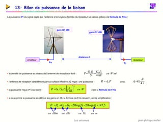 jean-philippe muller
Les antennes
13- Bilan de puissance de la liaison
La puissance Pr du signal capté par l’antenne et envoyée à l’entrée du récepteur se calcule grâce à la formule de Friis :
gain G2 dBi
gain G1 dBi
ƒ la densité de puissance au niveau de l’antenne de réception s’écrit :
ƒ l’antenne de réception caractérisée par sa surface effective A2 reçoit une puissance :
ƒ la puissance reçue Pr vaut donc :
ƒ si on exprime la puissance en dBm et les gains en dB, la formule de Friis devient , après simplification :
5
,
147
)
log(
20
)
log(
20
2
1
0 +
−
−
+
+
= d
f
G
G
P
P
r
dBm
en dBi
en Hz
en m
en
émetteur récepteur
distance d
Po Pr
2
0
1
0
1
4 d
P
G
S
P
G
P
π
=
= 2
/m
W
en
π
λ
4
2
2
2 G
A =
P
A
Pr .
2
= avec
[ ]2
0
2
1
4
.
.
d
P
G
G
Pr
π
λ
= W
en c’est la formule de Friis
 