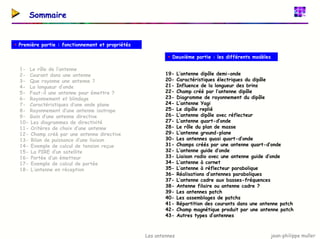 jean-philippe muller
Les antennes
Sommaire
ƒ Première partie : fonctionnement et propriétés
ƒ Deuxième partie : les différents modèles
1- Le rôle de l’antenne
2- Courant dans une antenne
3- Que rayonne une antenne ?
4- La longueur d’onde
5- Faut-il une antenne pour émettre ?
6- Rayonnement et blindage
7- Caractéristiques d’une onde plane
8- Rayonnement d’une antenne isotrope
9- Gain d’une antenne directive
10- Les diagrammes de directivité
11- Critères de choix d’une antenne
12- Champ créé par une antenne directive
13- Bilan de puissance d’une liaison
14- Exemple de calcul de tension reçue
15- La PIRE d’un satellite
16- Portée d’un émetteur
17- Exemple de calcul de portée
18- L’antenne en réception
19- L’antenne dipôle demi-onde
20- Caractéristiques électriques du dipôle
21- Influence de la longueur des brins
22- Champ créé par l’antenne dipôle
23- Diagramme de rayonnement du dipôle
24- L’antenne Yagi
25- Le dipôle replié
26- L’antenne dipôle avec réflecteur
27- L’antenne quart-d’onde
28- Le rôle du plan de masse
29- L’antenne ground-plane
30- Les antennes quasi quart-d’onde
31- Champs créés par une antenne quart-d’onde
32- L’antenne guide d’onde
33- Liaison radio avec une antenne guide d’onde
34- L’antenne à cornet
35- L’antenne à réflecteur parabolique
36- Réalisations d’antennes paraboliques
37- L’antenne cadre aux basses-fréquences
38- Antenne filaire ou antenne cadre ?
39- Les antennes patch
40- Les assemblages de patchs
41- Répartition des courants dans une antenne patch
42- Champ magnétique produit par une antenne patch
43- Autres types d’antennes
 