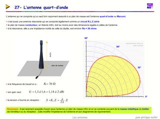 jean-philippe muller
Les antennes
27- L’antenne quart-d’onde
L’antenne qui ne comporte qu’un seul brin rayonnant associé à un plan de masse est l’antenne quart-d’onde ou Marconi.
ƒ c’est aussi une antenne résonante qui se comporte également comme un circuit R,L,C série
ƒ le plan de masse conducteur, en théorie infini, doit au moins avoir des dimensions égales à celles de l’antenne
ƒ à la résonance, elle a une impédance moitié de celle du dipôle, soit environ Ra = 36 ohms
90°
4
λ
plan de masse
rayonnement dans un
plan vertical
30°
60°
Ω
= 36
a
R
dBi
à
à
G 2
14
,
1
6
,
1
3
,
1 =
=
ƒ à la fréquence de travail on a :
ƒ son gain vaut :
ƒ la tension x fournie en réception :
0°
E
E
K
S .
2
.
1
π
λ
=
=
Remarque : il est rarement possible d’avoir sous l’antenne un plan de masse infini et on se contente souvent de la masse métallique du boîtier
de l’émetteur ou du récepteur . Cela modifie l’impédance de l’antenne et son diagramme de rayonnement.
 