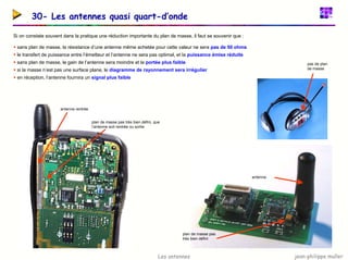 jean-philippe muller
Les antennes
30- Les antennes quasi quart-d’onde
Si on constate souvent dans la pratique une réduction importante du plan de masse, il faut se souvenir que :
ƒ sans plan de masse, la résistance d’une antenne même achetée pour cette valeur ne sera pas de 50 ohms
ƒ le transfert de puissance entre l’émetteur et l’antenne ne sera pas optimal, et la puissance émise réduite
ƒ sans plan de masse, le gain de l’antenne sera moindre et la portée plus faible
ƒ si la masse n’est pas une surface plane, le diagramme de rayonnement sera irrégulier
ƒ en réception, l’antenne fournira un signal plus faible
pas de plan
de masse
plan de masse pas très bien défini, que
l’antenne soit rentrée ou sortie
antenne rentrée
plan de masse pas
très bien défini
antenne
 
