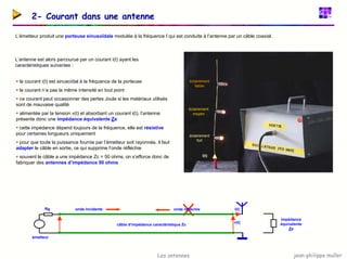 jean-philippe muller
Les antennes
2- Courant dans une antenne
L’émetteur produit une porteuse sinusoïdale modulée à la fréquence f qui est conduite à l’antenne par un câble coaxial.
éclairement
moyen
éclairement
faible
éclairement
fort
i(t)
L’antenne est alors parcourue par un courant i(t) ayant les
caractéristiques suivantes :
ƒ le courant i(t) est sinusoïdal à la fréquence de la porteuse
ƒ le courant n’a pas la même intensité en tout point
ƒ ce courant peut occasionner des pertes Joule si les matériaux utilisés
sont de mauvaise qualité
ƒ alimentée par la tension v(t) et absorbant un courant i(t), l’antenne
présente donc une impédance équivalente Za
ƒ cette impédance dépend toujours de la fréquence, elle est résistive
pour certaines longueurs uniquement
ƒ pour que toute la puissance fournie par l’émetteur soit rayonnée, il faut
adapter le câble en sortie, ce qui supprime l’onde réfléchie
ƒ souvent le câble a une impédance Zc = 50 ohms, on s’efforce donc de
fabriquer des antennes d’impédance 50 ohms
câble d’impédance caractéristique Zc
émetteur
impédance
équivalente
Za
onde incidente onde réfléchie
Rg i(t)
v(t)
 