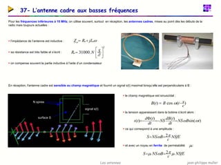 jean-philippe muller
Les antennes
37- L’antenne cadre aux basses fréquences
Pour les fréquences inférieures à 10 MHz, on utilise souvent, surtout en réception, les antennes cadres, mises au point dès les débuts de la
radio mais toujours actuelles :
ƒ l’impédance de l’antenne est inductive :
ƒ sa résistance est très faible et s’écrit :
ƒ on compense souvent la partie inductive à l’aide d’un condensateur
ω
a
a
a jL
R
Z +
=
2
2
.
31000 





=
λ
S
N
Ra
En réception, l'antenne cadre est sensible au champ magnétique et fournit un signal s(t) maximal lorsqu’elle est perpendiculaire à B :
ƒ le champ magnétique est sinusoïdal :
ƒ la tension apparaissant dans la bobine s’écrit alors :
ƒ ce qui correspond à une amplitude :
ƒ et avec un noyau en ferrite de perméabilité :
N spires
surface S
)
sin(
)
(
)
(
)
( t
B
NS
dt
t
dB
NS
dt
t
d
t
s ω
ω
=
−
=
Φ
−
=
signal s(t)
)
(
cos
)
(
c
x
t
B
t
B −
= ω
NSfE
c
B
NS
S π
ω 2
=
=
NSfE
c
B
NS
S r
r µ
π
ω
µ 2
=
=
r
µ
 