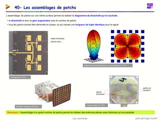 jean-philippe muller
Les antennes
40- Les assemblages de patchs
L’assemblage de patchs sur une même surface permet de réaliser le diagramme de directivité qu’on souhaite :
ƒ la directivité et donc le gain augmentent avec le nombre de patchs
ƒ tous les patchs doivent être alimentés en phase, ce qui impose une longueur de trajet identique pour le signal
A
D
C
B
trajets identiques
AB=AC=AD=…
diagramme de directivité pour un arrangement 6 X 6
patchs
d’émission
arrangement 2 X 4
émetteur-récepteur 35 GHz
patchs de
réception
module radar 9,9 GHz
Remarque : l’assemblage d’un grand nombre de patchs permet de réaliser des antennes planes aussi directives qu’une parabole
 