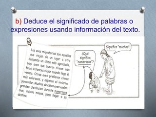 b) Deduce el significado de palabras o
expresiones usando información del texto.
 