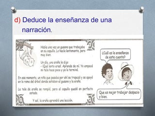 d) Deduce la enseñanza de una
narración.
 