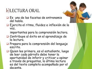 b)LECTURA ORAL
 Es una de las facetas de entrenamiento
del habla.
 Ejercita el ritmo, fluidez e inflexión de la
voz,
importantes para la comprensión lectora.
 Contribuye al éxito en el aprendizaje de
la lectura.
 Prepara para la comprensión del lenguaje
escrito.
 Quien lee primero, es el estudiante, luego
de leer cada párrafo debe tener la
oportunidad de inferir y criticar u opinar
a través de preguntas, la última lectura
es del texto completo acompañado por el
docente.
 