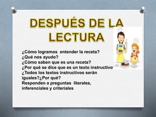 ¿Cómo logramos entender la receta?
¿Qué nos ayudo?
¿Cómo saben que es una receta?
¿Por qué se dice que es un texto instructivo?
¿Todos los textos instructivos serán
iguales?¿Por qué?
Responden a preguntas literales,
inferenciales y criteriales
 