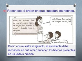 b) Reconoce el orden en que suceden los hechos.
Como nos muestra el ejemplo, el estudiante debe
reconocer en qué orden suceden los hechos presentes
en un texto u oración.
 