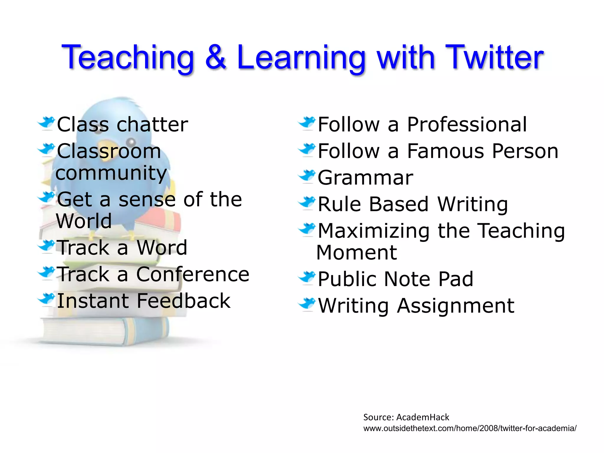 Teaching & Learning with TwitterClass chatter Classroom communityGet a sense of the WorldTrack a WordTrack a ConferenceInstant FeedbackFollow a ProfessionalFollow a Famous PersonGrammarRule Based WritingMaximizing the Teaching MomentPublic Note PadWriting AssignmentSource: AcademHackwww.outsidethetext.com/home/2008/twitter-for-academia/ 