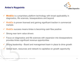 Anteo’s Keypoints

 Mix&Go is a proprietary platform technology with broad applicability in
diagnostics, life sciences, b...