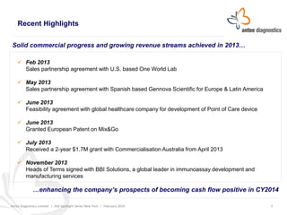 Recent Highlights
Solid commercial progress and growing revenue streams achieved in 2013…
 Feb 2013
Sales partnership agr...