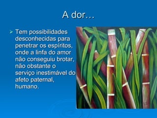 A dor… Tem possibilidades desconhecidas para penetrar os espíritos, onde a linfa do amor não conseguiu brotar, não obstante o serviço inestimável do afeto paternal, humano. 
