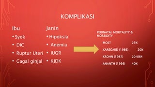 KOMPLIKASI
Janin
• Hipoksia
• Anemia
• IUGR
• KJDK
Ibu
• Syok
• DIC
• Ruptur Uteri
• Gagal ginjal
PERINATAL MORTALITY &
MORBIDITY
MOST 25%
KAREGARD (1986) 20%
KROHN (1987) 20/884
ANANTH (1999) 40%
 