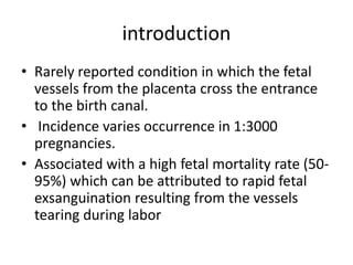 introduction
• Rarely reported condition in which the fetal
vessels from the placenta cross the entrance
to the birth canal.
• Incidence varies occurrence in 1:3000
pregnancies.
• Associated with a high fetal mortality rate (50-
95%) which can be attributed to rapid fetal
exsanguination resulting from the vessels
tearing during labor
 