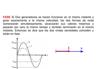 RELACIONES DE FASE
FASE Si Dos generadores se hacen funcionar en el mismo instante y
giran exactamente a la misma velocidad, las dos formas de onda
comenzarán simultáneamente, alcanzarán sus valores máximos y
pasarán por cero al mismo tiempo y también terminarán en el mismo
instante. Entonces se dice que las dos ondas senoidales coinciden y
están en fase.
 