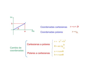 Representación fasorial, la podemos llevar a cabo en el plano
complejo

   Im


    b            r

                                 Coordenadas cartesianas    z = a + jb
         θ
                 a       Re
                                 Coordenadas polares          z = rθ



                                             r = a 2 + b2
                     Cartesianas a polares              b
                                             θ = arc tg
   Cambio de                                            a
   coordenadas                               a = r cos θ
                     Polares a cartesianas
                                             b = r senθ
 