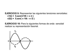 EJERCICIO 9: Representar las siguientes tensiones senoidales:
  v1(t) = 5.sen(π10t + π /2 )
  v2(t) = 5.sen( π 10t - π /2 )

EJERCICIO 10: Para la siguientes formas de onda senoidal
realizar su representación fasorial.
 