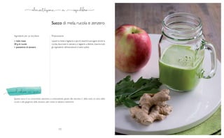 198 199
1 mela rossa
20 g di rucola
1 pezzettino di zenzero
Succo di mela, rucola e zenzero
Ingredienti per un bicchiere Preparazione
Lavare la mela e tagliarla a spicchi, lavare e asciugare anche la
rucola, sbucciare lo zenzero e tagliarlo a fettine, inserire tutti
gli ingredienti nell’estrattore e bere subito.
Questo succo è un concentrato vitaminico e antiossidante, grazie alla vitamina C della mela, al calcio della
rucola e alla gingerina dello zenzero, utile contro le infezioni batteriche.
 