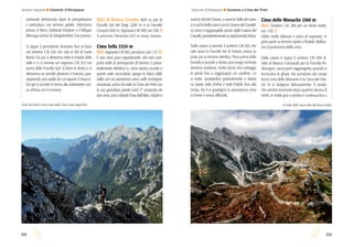 volmente deteriorato dopo le precipitazioni
e pericoloso con terreno gelato. Informarsi
presso il Parco Dolomiti Friulane o il Rifugio
Maniago prima di intraprendere l’escursione.
Si segue il precedente itinerario ﬁno al bivio
col sentiero CAI 356 che cala in Val di Santa
Maria. Da qui si attraversa tutta la testata della
valle e ci si innesta sul segnavia CAI 352 nei
pressi della Forcella Spè. Si tiene la destra e si
attraversa un pendio ghiaioso e franoso, gua-
dagnando una spalla da cui appare il bivacco.
Da qui si scende in breve alla sottostante con-
ca erbosa con il ricovero.
A62) Al Bivacco Greselin 1920 m, per la
Forcella Val del Drap 2290 m e la Forcella
Compol 2450 m. Segnavia CAI 389; ore 7.00. A
Si percorre l’itinerario A57 in senso inverso.
Cima Sella 2334 m
A63) Segnavia CAI 365, poi tracce; ore 1.15. EE
È una cima poco appariscente, che non com-
porta tratti di arrampicata (il terreno è preva-
lentemente detritico) e, come spesso accade a
queste vette secondarie, ripaga la fatica della
salita con un panorama unico sulle montagne
circostanti, prima fra tutte la Cima dei Preti con
la sua grandiosa parete nord. E’ composta da
due cime, poco distanti l’una dall’altra; chiude a
nord la Val dei Fràssin, a ovest la Valle dei Lares
e a sud la bella conca con la Casera del Cavalèt.
La cima è raggiungibile anche dalla Casera del
Cavalèt, prevalentemente su ripidi pendii erbosi.
Dalla casera si prende il sentiero CAI 365 che
sale verso la Forcella Val di Frassin, prima su
prati, poi su terreno detritico. Poco prima della
forcella si prende a destra una cengia inclinata
(terreno insidioso, molto duro) che costeggia
le pareti ﬁno a raggiungere un canalino. Lo
si risale, spostandosi gradualmente a destra
su ripide zolle d’erba e tratti friabili, ﬁno alla
cresta. Da lì si guadagna la panoramica cima
in breve e senza difﬁcoltà.
Cima delle Monache 2160 m
A64) Sentiero CAI 389 per un breve tratto;
ore 1.00. E
Salita molto faticosa e priva di segnavia, in
gran parte su terreno ripido e friabile. Bellissi-
mo il panorama dalla cima.
Dalla casera si segue il sentiero CAI 389 di-
retto al Bivacco Gervasutti per la Forcella Pe-
descagno, senza però raggiungerla; quando si
incrociano le ghiaie che scendono dal canale
tra la Cima delle Monache e la Cima dei Fràs-
sin, le si risalgono faticosamente. Il canale,
che sembra terminare dopo qualche decina di
metri, in realtà gira a sinistra e continua ﬁno a
Il Cadin delle Ciazze Alte dal Dosso NadeiCima dei Preti e Cima Laste dalla Cima Cadin degli Elmi
88 89
Dolomiti d’Oltrepiave Duranno e Cima dei PretiSentieri d’autore Dolomiti d’Oltrepiave
 