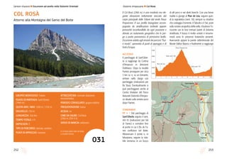 253252
Sentieri d’autore l Escursioni ad anello nelle Dolomiti Orientali
Il Col Rosà (2160 m) è una modesta ma ele-
gante elevazione nettamente staccata dal
corpo principale delle Tofane dal verde Passo
Posporcora. Il suo profilo triangolare accom-
pagnato da stratificazioni inclinate appare
pressoché inconfondibile da ogni posizione e
denota un isolamento geografico che lo por-
ge a punto panoramico di primissimo livello.
Escursione adatta agli amanti dei percorsi “fuo-
ri moda”, sprovvista di punti di appoggio e di
fonti d’acqua.
ACCESSO
Il parcheggio di Sant’Uber-
to si raggiunge da Cortina
d’Ampezzo in direzione
Dobbiaco. Dopo la località
Fiames proseguire per circa
3 km ca. e, su un tornante,
entrare nello slargo con
parcheggio (indicazioni per
Ra Stua). Eventualmente si
può parcheggiare anche al
Centro Visitatori del Parco
Naturale Dolomiti d’Ampez-
zo situato sulla sinistra poco
dopo Fiames.
ITINERARIO
PP V 1 Dal parcheggio di
Sant’Uberto seguire il sent.
401-10 (indicazioni per Val
di Fanes) e scendere fino
al punto in cui il Ru de Fa-
nes confluisce nel Boite.
Attraversare il ponte e, in
falsopiano, seguire la rota-
bile immersa in un bosco
di alti pecci e rari abeti bianchi. Con una breve
risalita si giunge al Pian de Lòa, seguire quin-
di la segnaletica (sent. 10), sempre su stradina
che costeggia il torrente. Il Taburlo e il Taé, posti
sulla sinistra orografica della valle, chiudono l’o-
rizzonte con le loro immani pareti di dolomia
stratificata. Il bosco è molto umido e innume-
revoli sono le presenze botaniche presenti.
Avanzando appare la parete settentrionale del
Monte Vallon Bianco e finalmente si raggiunge
Dolomiti Ampezzane l Col Rosà
COL ROSÀ
Attorno alla Montagna del Genio del Boite
GRUPPO MONTUOSO: Tofane
PUNTO DI PARTENZA: Sant’Uberto
(1440 m)
QUOTA MIN / MAX: 1308 m / 1720 m
DISLIVELLO: 750 m
LUNGHEZZA: 10,6 km
TEMPO TOTALE: 4 h
DIFFICOLTÀ: E
TIPO DI PERCORSO: sterrata, sentiero
PUNTI DI APPOGGIO: nessuno
ATTREZZATURA: normale dotazione
escursionistica
PERIODO CONSIGLIATO: giugno-ottobre
FREQUENTAZIONE: bassa
ACQUA: no
CIME DA SALIRE: Col Rosà
(2160 m, EEA II 4)
SENSO DI MARCIA: antiorario
Il Col Rosà dalla Valle del Boite,
in località Fiames.
031
PP
1
2
3
4
5
Col Rosà
Passo Posporcora
Podestagno
Sant’Uberto
Ponte Òuto
)(
Ponte dei
Cadorìs
Fiames
Centro Visitatori
Alb. Fiames
Pian de Ra Spines
OrtidiTofan
a
CanalondeRaOra
Pian di Lòa
Cascate
di Fanes
RiodiFanes
Ri
oTravenanzes
201
208
407
408
408
409
447
401
401
10
10
10-401
Ferr.
Bove
ro
0 4 5 6 10,67 8 91 2 3
1300
1600
1400
1500
1700
Passo Posporcora
Pian de Lòa
bivio sent. 417
bivio sent. 401
 