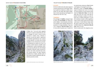 179178
Sentieri d’autore l Escursioni in Val di Zoldo
ACCESSO
Da Forno di Zoldo (vicino alla chiesa) seguire le
numerose indicazioni per la Val Prampèr. Risalir-
la per qualche km, dapprima su asfalto e poi su
sterrato, fino allo slargo della località Castelàz,
dove si notano ampi spazi per parcheggiare e le
indicazioni per il Rif. Sora ‘l Sass.
itinerario
Dal parcheggio di Castelàz, proseguire lungo
la sterrata della Val Prampèr che diviene ben
presto asfaltata e risale lasciandosi sulla destra
uno squadrato invaso artificiale utilizzato per la
produzione di energia idroelettrica. Dopo circa
2 km si raggiunge il Pian de la Fòpa (1210 m,
30 min), punto di partenza per le navette che
nel periodo estivo conducono a Malga Prampèr
e parcheggio per chi giunge fin qui in auto.
Attraversare il ponte sul Torrente Prampèr e
seguire le indicazioni per il sent. 525 che risale
con buona pendenza, ma ben tracciato la parte
iniziale del Giaron de la Fòpa, che sale sulla
destra. Man mano che si sale, la vista sulla sot-
tostante Val Prampèr si amplia, con scorci de-
liziosi verso il Castello di Moschesìn e la Cima
de la Gardesana. Scostata si defila la gigantesca
Civetta, mentre il Pelmo sparisce alla vista dopo
i primi passi. Un ultimo faticoso strappo vicino
alle pareti di destra porta al bivio verso il Biv.
Carnielli-De Marchi (loc. Giaròn de la Pala dei
Làres, 1400 m, 30 min).
Tenere la sinistra (sent. 534), dapprima su trac-
Mezzodì-Prampèr l Belvedere di Mezzodì
Ultime roccette prima di entrare nel boscoL’attacco del tratto attrezzato
Il Rifugio Sora ‘l Sass può essere raggiunto
anche per un percorso decisamente più ardi-
to e selvaggio che risale lo zoccolo roccioso
sottostante la struttura stessa. L’itinerario è
attrezzato nei punti più esposti e rappresenta
una divertente opportunità per chi è avvezzo
a sentieri alpinistici e vie ferrate (kit da ferrata
consigliato, ma non necessario per i più esper-
ti). Assolutamente da evitare per chi non si sa
muovere su terreno esposto e instabile. Logico
completamento a questa straordinaria avven-
tura è il percorso attrezzato che sale dal rifugio
al Belvedere di Mezzodì, isolato cocuzzolo pa-
noramico che merita sicuramente tale nome.
Una comoda variante, che segue l’itinerario
precedente fino al rifugio, permette anche ai
meno esperti di godere ugualmente dello stra-
ordinario panorama di vetta.
Rif. Sora ‘l Sass
Sora ‘l Sass de Mezzodì
Casera di Mezzodì
Castelàz
Belvedere
Pian de la Fòpa Giaròn de la
Pala dei Làres
ValPrampèr
Valòn
Grand
Spiz NE
Spiz NO
Spiz Nord
Spiz di Belvedere
Forc. Belvedere
La Porta
)(
)(
TorrentePrampèr
534
534
525
532
532
532
533
534
Sentieroattrezzato
Sentieroattrezzato
Il ripido canale antecedente il primo tratto attrezzato
 