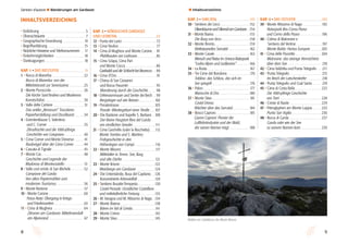 98
Sentieri d’autore l Wanderungen am Gardasee l Inhaltsverzeichnis
INHALTSVERZEICHNIS
• Einführung	5
• Übersichtskarte	7
• Geographische Einordnung	 10
• Begriffserklärung	15
• Nützliche Hinweise und Telefonnummern	 17
• Einkehrmöglichkeiten	 18
• Danksagungen	 18
KAP. 1 • DAS WESTUFER 	 19
1 • Rocca di Manerba	 22
1 • Rocca di Manerba: von der
	 Mittelsteinzeit zur Serenissima	 25
2 • Monte Pizzoccolo	 26
1 • Die Kirche Sant’Andrea und Madernos 	
Kunstschätze	 30
3 • Valle delle Cartiere	 31
1 • Das antike „Benacum“ Toscolano:
	 Papierherstellung und Druckkunst	 34
4 • Eremitenklause S. Valentino
und C. Comer	 35
1 • Zitrusfrüchte und die 1000-jährige
	 Geschichte von Gargnano	 40
5 • Cima Comer und Monte Denervo	 41
1 • Raubvögel über der Cima Comer	 44
6 • Cascata di Tignale	 45
7 • Monte Cas	 48
1 • Geschichte und Legende der
	 Madonna di Montecastello	 51
8 • Valle und orrido di San Michele	 52
1 • Campione del Garda:
	 Von alten Papiermühlen zum
	 modernen Tourismus	 56
9 • Monte Bestone	 57
10 • Monte Carone	 60
1 • Passo Nota: Übergang in Kriegs-
	 und Friedenszeiten 	 63
11 • Cima di Mughera	 64
1 • Zitronen am Gardasee: Mittelmeerduft 	
am Alpenrand 	 67
KAP. 2 • NÖRDLICHER GARDASEE
UND LEDROTAL	 69
12 • Punta dei Larici	 72
13 • Cima Nodice	 77
14 • Cima di Mughera und Monte Carone	 81
1 • Pfahlbauten am Ledrosee	 85
15 • Cima Sclapa, Cima Parì
und Monte Cocca	 86
Garibaldi und die Schlacht bei Bezzecca	 90
16 • Cima d’Oro 	 91
17 • Chiesa di San Giovanni
	 und Bocca Pasumèr	 95
1 • Wanderung durch die Geschichte	 98
18 • Defensionmauer und Senter dei Bech	 99
1• Bergsteiger auf vier Beinen	 102
19 • Ponalestrasse	 103
1 • Ponale: Wiedergeburt einer Straße	 107
20 • Die Bastione und Kapelle S. Barbara 	 108
1 • Der kleine Hauptort Riva del Garda
	 am nördlichen Seeufer		 111
21 • Cima Giochello (oder la Rocchetta)	 112
Monte Tombio und S. Martino: 	
Frühgeschichte in den
	 Höhenlagen von Campi 	 116
22 • Monte Misone	 117
1 • Mittelalter in Tenno: See, Burg
	 und alte Dörfer		 121
23 • Monte Brione	 122
Weinberge am Gardasee	 124
24 • Die Unterstände, Busa del Capitano	 126
1 • Konzentrierte Artenvielfalt	 129
25 • Sentiero Busatte-Tempesta	 130
1 • Castel Penade: Urzeitlicher Castelliere
und mittelalterliche Festung	 133
26 • M. Varagna und M. Altissimo di Nago	 134
27 • Monte Biaena	 138
1 • Bären im Val di Gresta	 141
28 • Monte Creino	 142
29 • Monte Stivo	 145
KAP. 3 • SARCATAL 	 149
30 • Sentiero dei Lecci 	 152
	 OlivenbäumeundOlivenölamGardasee	 154
31 • Monte Biaina		 155
1 • Die Burg von Arco	 158
32 • Monte Brento		 159
1 • Kletterparadies Sarcatal	 162
33 • Monte Casale 	 163
1 • Mensch und Natur im Unesco-Naturpark
	 “Ledro-Alpen und Judikarien” 	 166
34 • La Rosta	 167
35 • Tre Cime del Bondone		 170
1 • Toblino: das Schloss, das sich im
	 See spiegelt	 176
36 • Palon		 177
1 • Marocche di Dro	 180
37 • Monte Stivo 	 181
1 • Castel Drena:
	 Wächter über das Sarcatal	 184
38 • Bosco Caproni	 185
Gianni Caproni: Pionier der
	 Luftfahrtindustrie und der Wald,
	 der seinen Namen trägt	 188
KAP. 4 • DAS OSTUFER 	 189
39 • Monte Altissimo di Nago		 192
1 • Naturpark Bes-Corna Piana
	 und Corno della Paura	 196
40 • Colma di Malcesine e
Sentiero del Ventrar 	 197
1 • Monte Baldo: Hortus Europae	 203
41 • Cima delle Pozzette	 204
1 •Malcesine: das steinige Vermächtnis
	 über dem See	 210
42 • Cima Valdritta und Punta Telegrafo	 211
43 • Punta Telegrafo		 215
1 • Im Reich der Latschenkiefer	 218
44 • Punta Telegrafo und Coal Santo 	 219
45 • Cima di Costa Bella	 223
1 • Die 1000-jährige Geschichte
	 von Torri	 228
46 • Creste di Naole	 229
47 • Petroglyphen am Monte Luppia	 233
1 • Punta San Vigilio	 236
48 • Rocca di Garda		 237
1 • Garda oder wie der See
	 zu seinem Namen kam	 239
Wolken am Gipfelkreuz des Monte Misone.
 