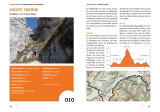 6160
Monte Carone
1621 m
Bocca
dei Fortini
)(
Punta di Mois
1371 m
Cima Bandiera
1362 m
Passo Nota
)(
Passo
Bestana
Dosso di Pennalever
1228 m
Biv. ANA
Baita Segalla
421
121
102
103
103
104
104
105
105
113
121
120
421
421
421
0 2 3 4 5 6 7 8 91
1300
1500
1200
1400
1600
Passo di Bestana Passo di Bestana
Bocca dei Fortini Bocca dei Fortini
Monte Carone
Die Militärstraßen am Passo Nota und der
Bocca dei Fortini, die Reste des Militärdorfes
am Monte Carone sowie der spannende Agos-
tino Tosi-Steig versetzen den Wanderer in die
bewegenden Ereignisse des Ersten Weltkriegs
zurück. Die Wände des Monte Carone und die
sehr unterschiedlichen Landschaften machen
die Wanderung auch für Naturliebhaber at-
traktiv.
ANREISE
Von der A4-Ausfahrt Brescia Est auf der SS45
bis Salò und auf der Gardesana Occidentale bis
zur Abzweigung nach Tremosine. Auf einem
Gebirgssträßchen durch die großartige Bra-
sa-Schlucht nach Pieve hin-
auf, dann weiter durch den
Ortsteil Prezzo und nach Ve-
sio abbiegen. Der Ausschil-
derung zum Passo Nota
folgend, auf der schmalen
Asphaltstraße durch das
Hochtal Valle di Bondo bis
zur Passhöhe. Die Abzwei-
gung nach Tremosine wird
ebenfalls von der A4-Ausfahrt Desenzano über
die Landstraße SP572 bis Salò, und von dort auf
der Gardesana Occidentale erreicht. Die Anfahrt
ist auch von Norden (Riva del Garda) über die
SS45 möglich.
ROUTE
Am Wanderparkplatz Passo Nota, wo es Be-
festigungen und Kasematten aus dem Ersten
Weltkrieg zu sehen gibt, führen Straßen nach
Westen in Richtung Passo Tremalzo (Mark.-
Nr. 224) und gen Norden nach Ledro hinab
(Mark.-Nr. 421); hier folgt man der alten Kriegs-
straße am Kamm, allerdings in Richtung Passo
Guil (Mark.-Nr. 421, Wegweiser). Ein kurzer
AUSGANGSPUNKT: Passo Nota (1208 m)
TIEFSTER PUNKT: 1205 m
HÖCHSTER PUNKT: 1621 m
GESAMTLÄNGE: 9 km
HÖHENUNTERSCHIED: 640 m
GEHZEIT: 3,50 h
ANFORDERUNG: E
STÜTZPUNKTE: Rifugio Passo Nota,
Bivacco Baita Segala
WASSERQUELLEN: keine
JAHRESZEIT: Mai-Oktober
TAGESZEIT: ganztägig
KINDER: ab 10
Beginn des Sentiero del Camino.
010
Das Westufer l Monte Carone
MONTE CARONE
Rundtour vom Passo Nota
Sentieri d’autore l Wanderungen am Gardasee
 