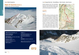 349348
Nove l Gruppo Monte Alto - Punta Buffanaro - Monte Casarola - Alpe di SuccisoSkialp l Wild Ski Appennino
SKIALP
Itinerario stupendo, forse il più remunerativo
dal punto di vista prettamente sciistico in tutto
l’Appennino. Non può mancare nella bacheca
personale dello scialpinista di buon livello.
ACCESSO
Vedi itin. 67.
SALITA
Saliti sopra la chiesa, poco dopo si gira a sinistra
per il sent. 655 (indicazioni per Rifugio Rio Pa-
scolo); si prosegue per largo e comodo sentiero
via via sempre più ripido fino a un’ultima rampa
che permette di uscire sul pianoro del Rifugio
Rio Pascolo (1570 m), sotto ai pendii nord del
Torrione. Si prosegue rimanendo sul sentiero,
avendo cura di lasciare sulla sinistra un salto di
rocce. Passato questo tratto, si apre il vallone
con un’ampia sella che divide il Monte Casarola
(sinistra) dall’Alpe di Succiso (destra). Si sale
072
Alpe di Succiso 2016 m
Canale Ovest da Succiso Nuovo
PRIMA DISCESA ASSOLUTA: ignoti
PUNTO DI PARTENZA:
Succiso Nuovo, 980 m
ORIENTAMENTO: nord ovest, ovest (salita),
ovest, nord (discesa)
DISLIVELLO SALITA: 1037 m
DISLIVELLO DISCESA: 1037 m
TEMPO SALITA: 3 h
PENDIO: 40°
DIFFICOLTà DI DISCESA: ski 3.2
DIFFICOLTà ALPINISTICA: 2
EXP: 1
MATERIALE: normale da scialpinismo
Sopra: la bellissima linea della Ovest di Succiso vista
dal Monte Acuto (foto Andrea Greci)
Il canale visto dall’alto (foto Elia Monica)
 
