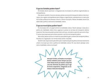 27
O que os Estados podem fazer?
Os Estados devem promover a integração dos municípios em políticas regionalizadas ou
metropolitanas.
Elesdevemtambém:licenciarveículos,prestarserviçosdetransportecoletivointermuni-
cipais;criarregiõesmetropolitanasparaintegraraorganização,oplanejamentoeaexecução
de funções públicas de interesse comum a vários municípios. Nestas atividades deverá ser
observada a política nacional de mobilidade urbana.
O que os municípios podem fazer?
Os municípios têm um papel central na mobilidade urbana. Devem planejar e executar a
política de mobilidade urbana local, organizar e prestar os serviços de transporte coletivo
essencial.Elesmesmospodemprestarestesserviços,concederoupermitirqueoutroofaça.
É comum que empresas particulares prestem o serviço de transporte público.
Alémdisso,devemconstruiremanterasviaspúblicas,gerirosistemadetransportepúblico,
ﬁscalizar se a legislação e as normas estão sendo cumpridas.
Tambémsãoresponsáveispeladeﬁniçãoeimplementaçãodapolíticadedesenvolvimento
urbano municipal que inclui a política de mobilidade urbana. Por isso devem planejar como
será a mobilidade urbana municipal!
Atenção!AUnião,osEstadosemunicípios
devem trabalhar juntos sempre que pos-
sível! Dessa forma já estarão cumprindo
uma das diretrizes da política que é agir
de forma cooperativa, integrando os sis-
temas e meios de transporte!
 