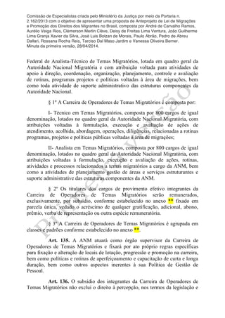 Comissão de Especialistas criada pelo Ministério da Justiça por meio da Portaria n.
2.162/2013 com o objetivo de apresentar uma proposta de Anteprojeto de Lei de Migrações
e Promoção dos Direitos dos Migrantes no Brasil, composta por André de Carvalho Ramos,
Aurélio Veiga Rios, Clèmerson Merlin Clève, Deisy de Freitas Lima Ventura, João Guilherme
Lima Granja Xavier da Silva, José Luis Bolzan de Morais, Paulo Abrão, Pedro de Abreu
Dallari, Rossana Rocha Reis, Tarciso Dal Maso Jardim e Vanessa Oliveira Berner.
Minuta da primeira versão, 28/04/2014.
	
  
	
  
Federal de Analista-Técnico de Temas Migratórios, lotada em quadro geral da
Autoridade Nacional Migratória e com atribuição voltada para atividades de
apoio à direção, coordenação, organização, planejamento, controle e avaliação
de rotinas, programas projetos e políticas voltadas à área de migrações, bem
como toda atividade de suporte administrativo das estruturas componentes da
Autoridade Nacional.
§ 1º A Carreira de Operadores de Temas Migratórios é composta por:
I- Técnico em Temas Migratórios, composta por 800 cargos de igual
denominação, lotados no quadro geral da Autoridade Nacional Migratória, com
atribuições voltadas à formulação, execução e avaliação de ações de
atendimento, acolhida, abordagem, operações, diligências, relacionadas a rotinas
programas, projetos e políticas públicas voltadas à área de migrações;
II- Analista em Temas Migratórios, composta por 800 cargos de igual
denominação, lotados no quadro geral da Autoridade Nacional Migratória, com
atribuições voltadas à formulação, execução e avaliação de ações, rotinas,
atividades e processos relacionados a temas migratórios a cargo da ANM, bem
como a atividades de planejamento gestão de áreas e serviços estruturantes e
suporte administrative das estruturas componentes da ANM.
§ 2º Os titulares dos cargos de provimento efetivo integrantes da
Carreira de Operadores de Temas Migratórios serão remunerados,
exclusivamente, por subsídio, conforme estabelecido no anexo ** fixado em
parcela única, vedado o acréscimo de qualquer gratificação, adicional, abono,
prêmio, verba de representação ou outra espécie remuneratória.
§ 3º A Carreira de Operadores de Temas Migratórios é agrupada em
classes e padrões conforme estabelecido no anexo **.
Art. 135. A ANM atuará como órgão supervisor da Carreira de
Operadores de Temas Migratórios e fixará por ato próprio regras específicas
para fixação e alteração de locais de lotação, progressão e promoção na carreira,
bem como políticas e rotinas de aperfeiçoamento e capacitação de curta e longa
duração, bem como outros aspectos inerentes à sua Política de Gestão de
Pessoal.
Art. 136. O subsídio dos integrantes da Carreira de Operadores de
Temas Migratórios não exclui o direito à percepção, nos termos da legislação e
 